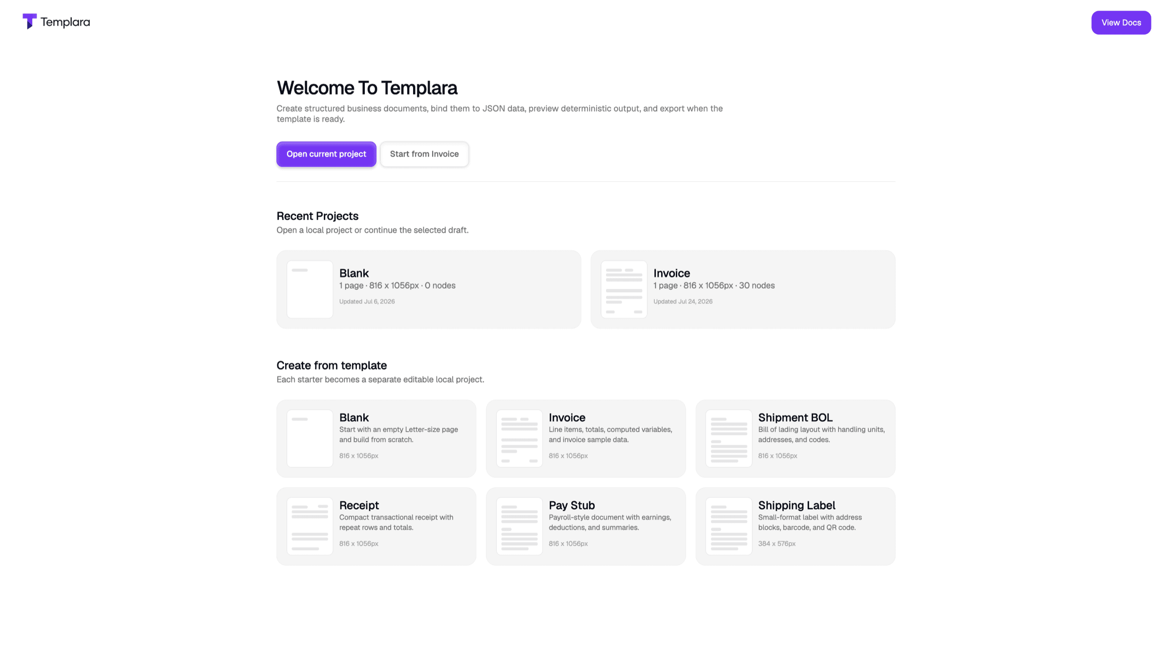Templara dashboard with recent projects and starter templates