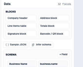 Templara data panel with schema fields