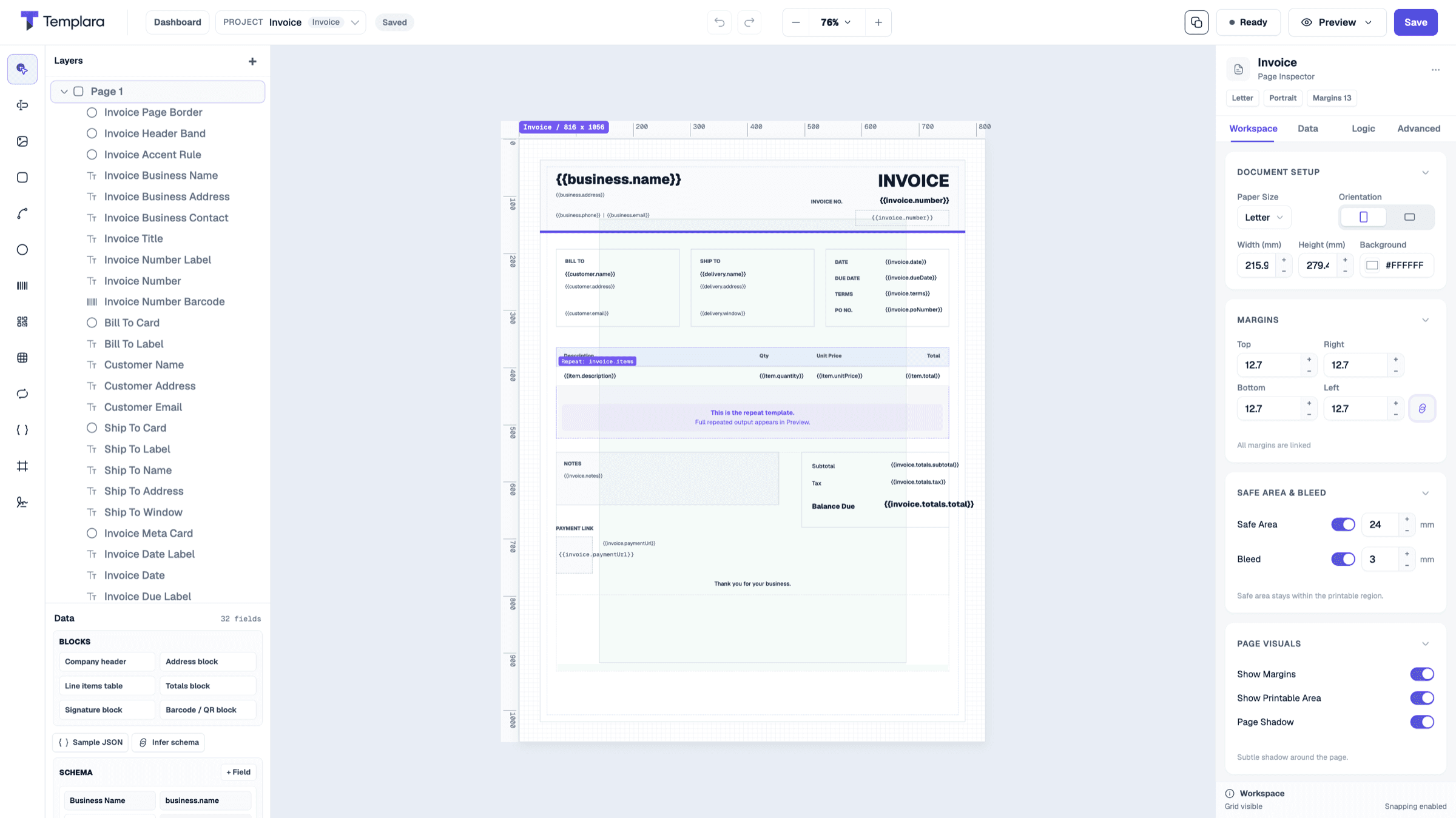 Templara invoice editor with layers, data bindings, and page inspector