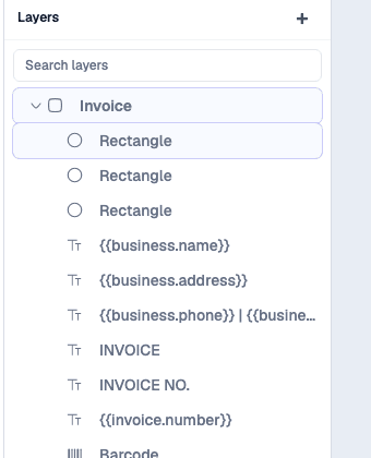 Templara layers panel for the invoice page tree