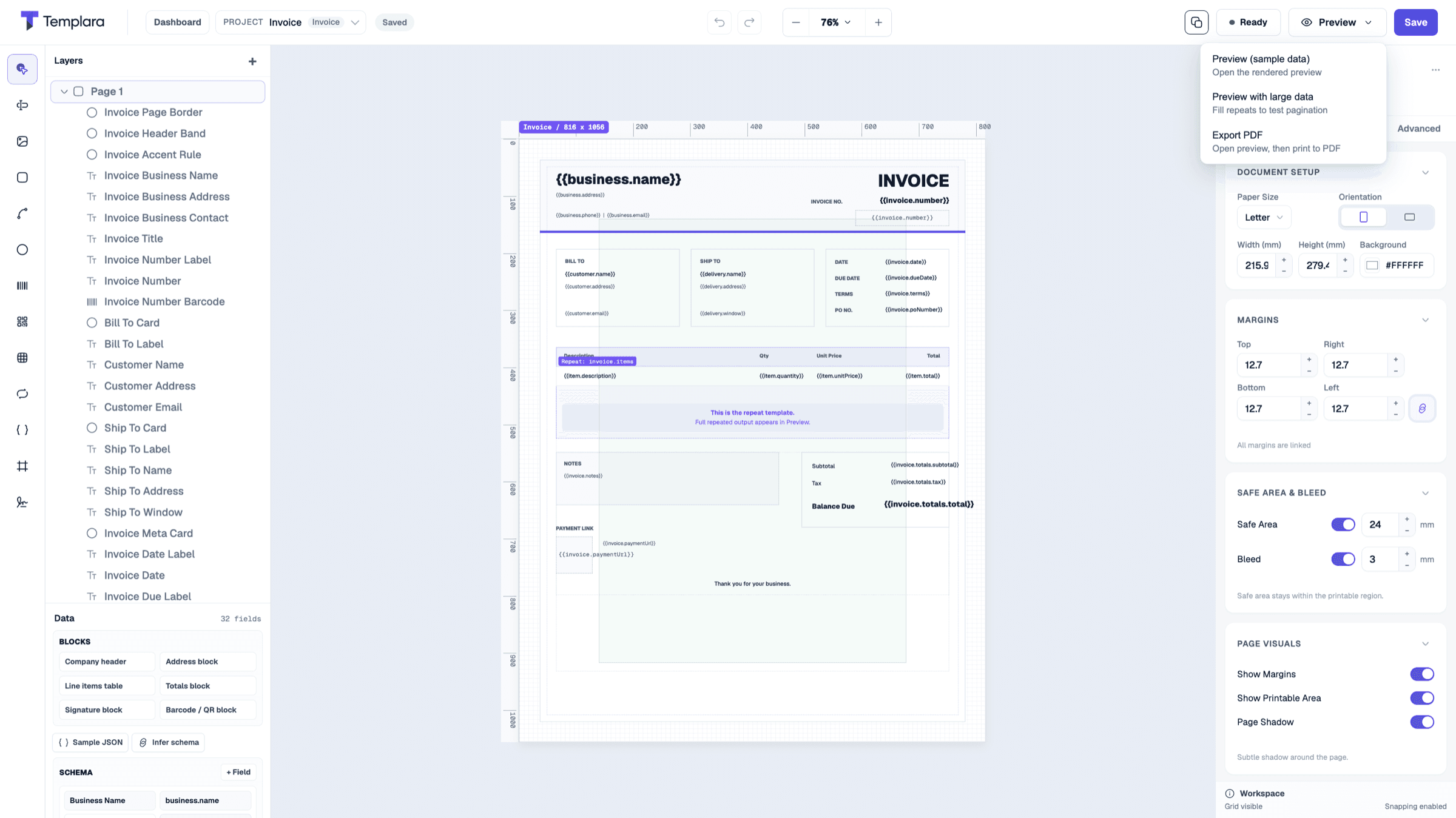 Templara preview mode dropdown in the editor chrome