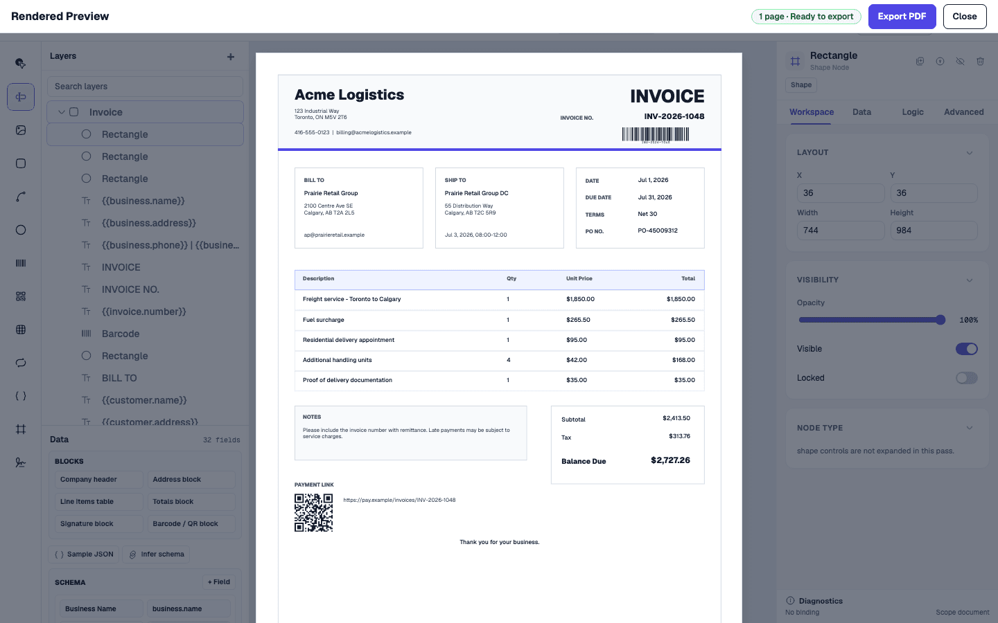 Templara preview overlay on a bound invoice