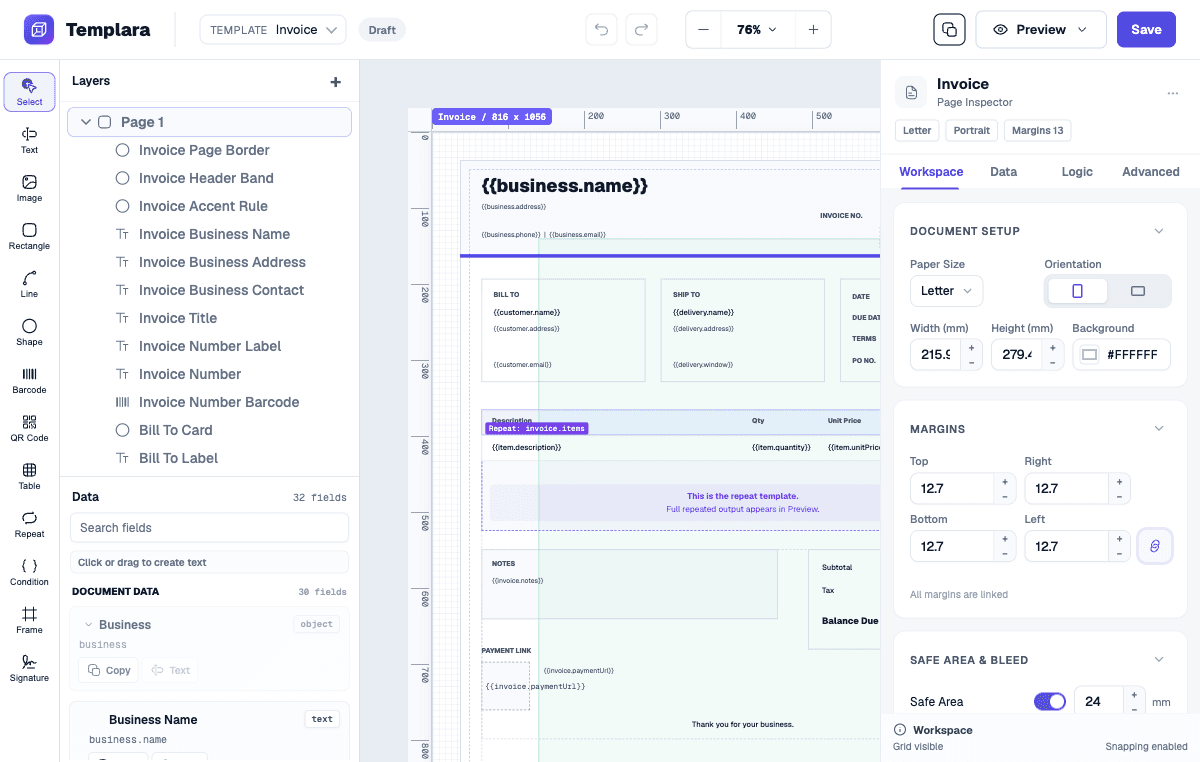 Templara studio drafting an invoice template