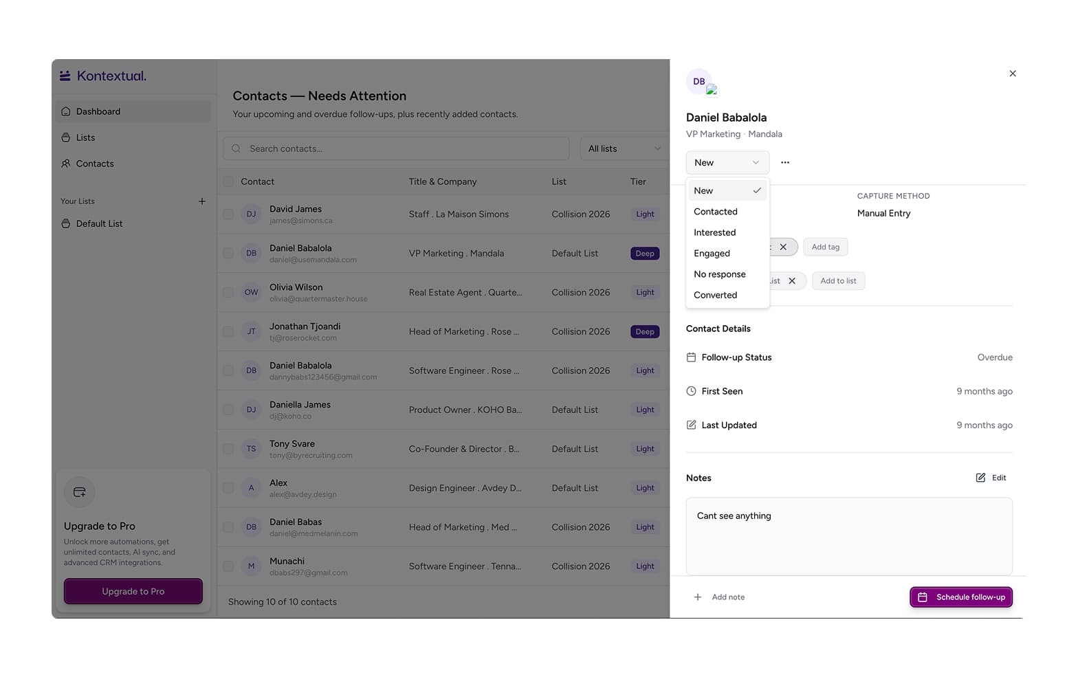 Kontextual contact detail with follow-up context