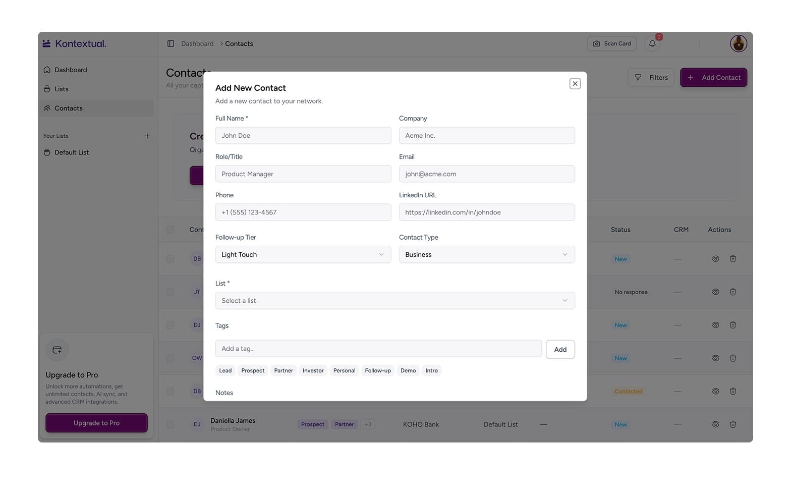 Kontextual create contact flow