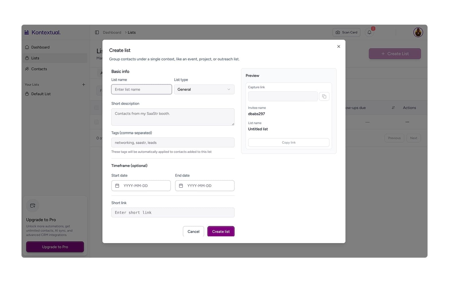 Kontextual create list flow