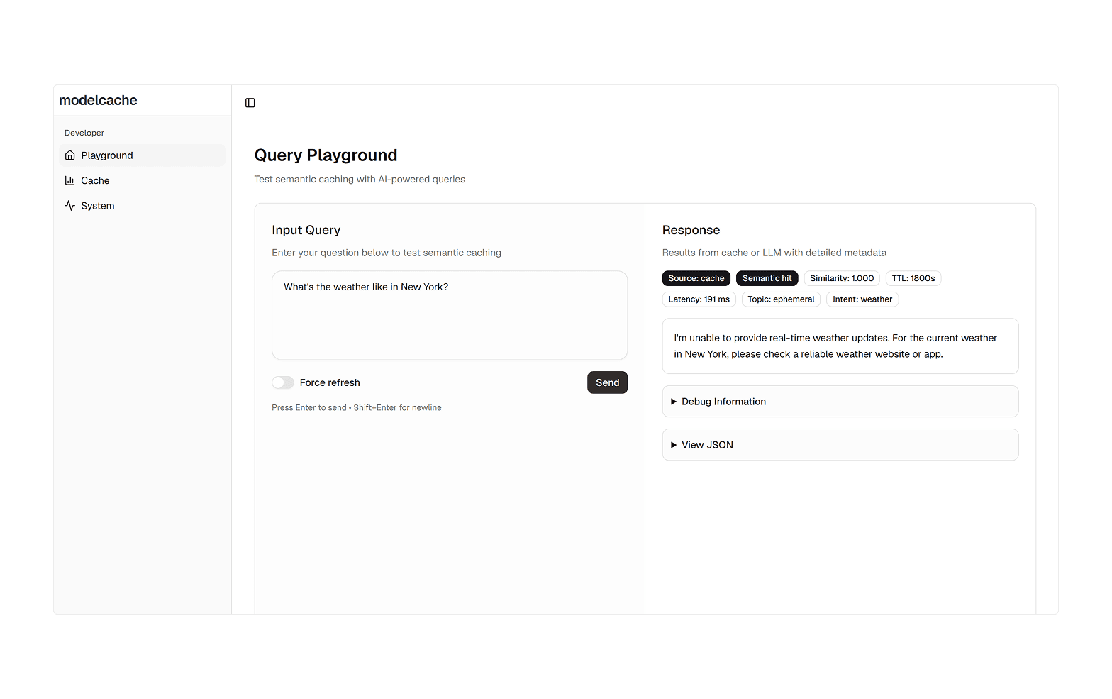 ModelCache query playground with a live response