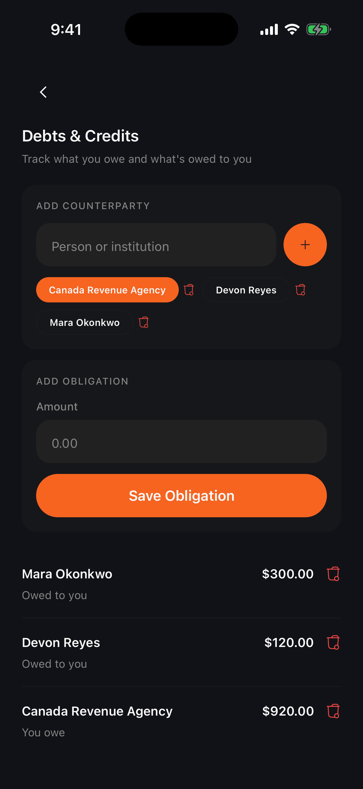 Tally obligations with owe directions