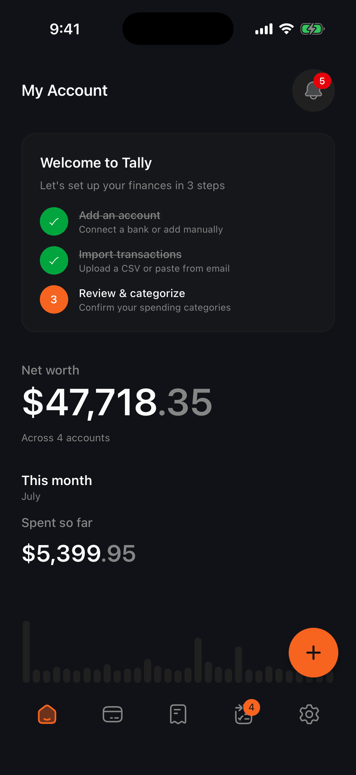 Tally overview with seeded net worth and month spend