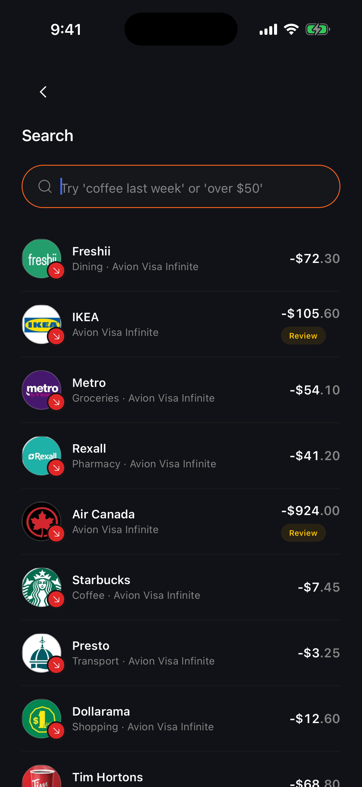 Tally transaction search